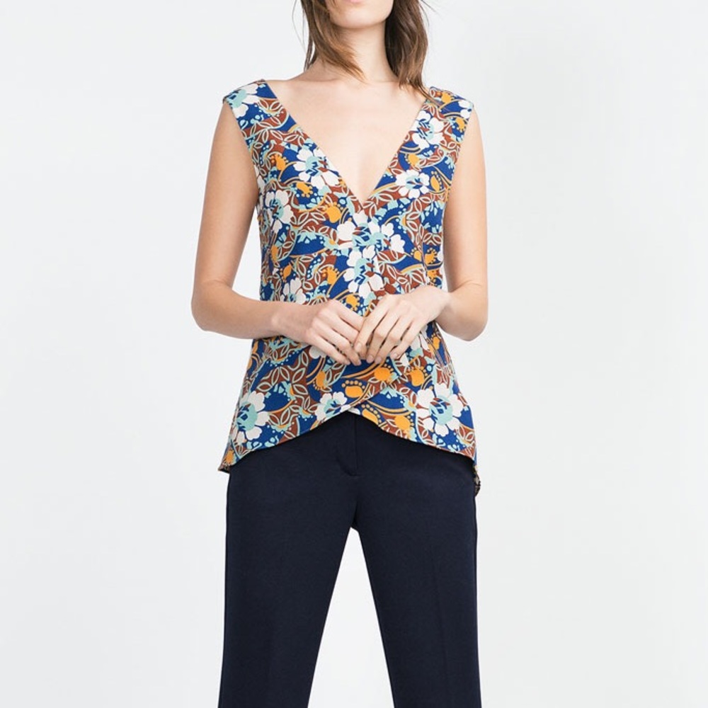NWT Zara Floral V Neck Peplum Waist Faux Wrap Top